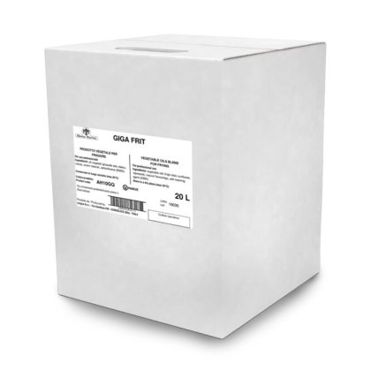 Caixa de cartão branca com o rótulo "Giga Frit", mistura de óleo vegetal de 20L para fritura profissional