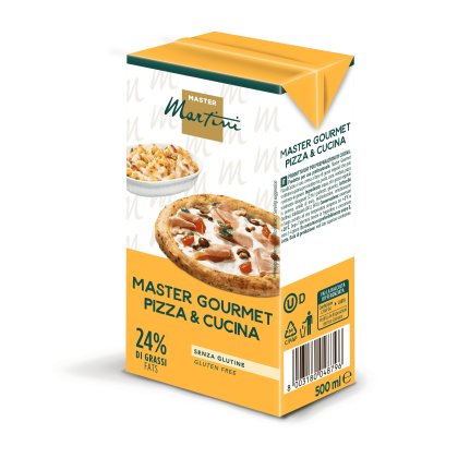 Embalagem amarela de 500ml de creme Master Martini Master Gourmet Pizza & Cucina, sem glúten, 24% de gordura, com piz...
