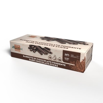 Caixa retangular de paus de chocolate negro Master Martini, embalagem bege e castanha com 46% de cacau