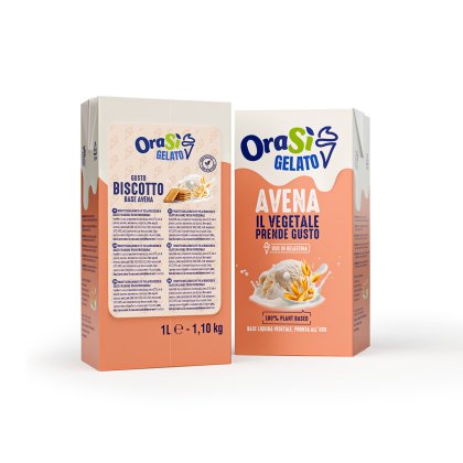 Duas caixas de OraSì Gelato, sabores Biscotto e Avena de aveia, 1L cada, com colher de gelado na embalagem.