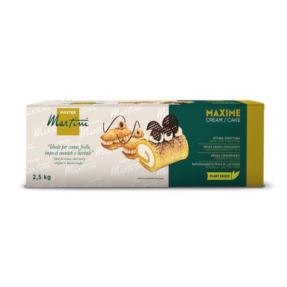 Caixa de Creme/Bolo Master Martini Maxime, 2,5kg, com imagem de rocambole, vegetal e sem lactose.