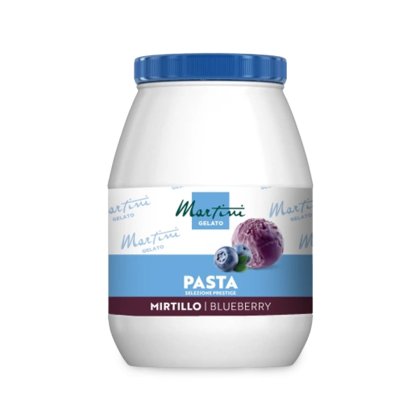 Frasco de plástico branco com tampa azul rotulado Martini Gelato Pasta Mirtillo Blueberry, com uma bola de gelado de ...