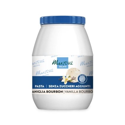 Frasco de plástico branco, tampa azul, pasta Martini Gelato Vanilla Bourbon, sem açúcares adicionados, com vagens de ...