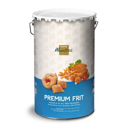 Balde metálico de Master Martini Premium Frit, mistura de óleo vegetal para fritar, com imagens de fritos.