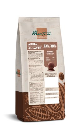 Saco vertical com discos de chocolate de leite Martini Ariba, 32% cacau, embalagem com padrão de grãos de cacau