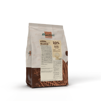 Saco stand-up de discos de chocolate branco Martini Ariba Bianco 22%, embalagem castanha e branca em fundo branco.