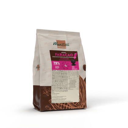 Saco de discos de chocolate negro Ariba Faracao 78% de Madagáscar, embalagem castanha e rosa.