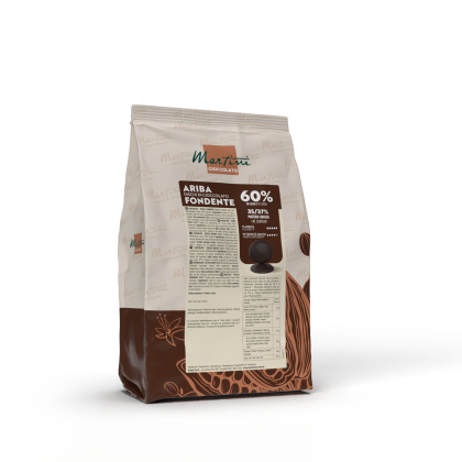 Saco de discos de chocolate negro Martini Cioccolato Ariba Fondente 60% com percentagem de cacau e informações na emb...