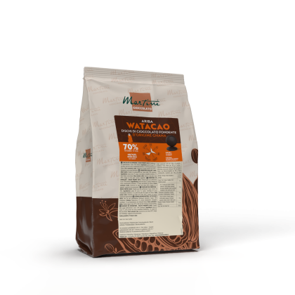 Saco de discos de chocolate negro 70% Martini Cioccolato Ariba Watacao do Gana, fundo branco.