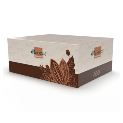 Caixa de embalagem Martini Cioccolato em creme e castanho com ilustrações de vagens e grãos de cacau