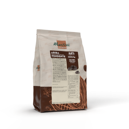 Saco de pepitas de chocolate negro Martini Cioccolato Ariba Fondente, 46% cacau, embalagem castanha e branca.