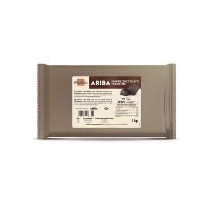 Saco de 1kg de blocos de chocolate negro Martorani Ariba, 72% cacau, com rótulo nutricional em embalagem bege.