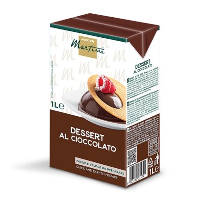 Embalagem de 1L Master Martini Dessert al Cioccolato, pudim de chocolate com framboesas sobre wafer