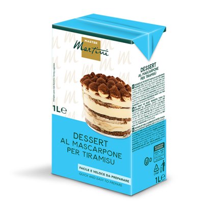 Embalagem de 1L de mistura de mascarpone Master Martini para tiramisu, com foto do tiramisu em camadas na embalagem azul
