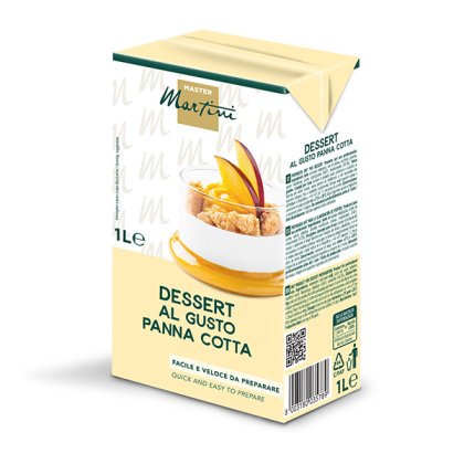 Mistura para sobremesa sabor panna cotta Master Martini 1L, creme em copo com fatias de pêssego