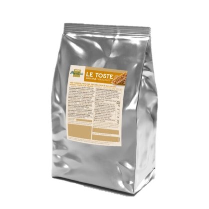 Saco vertical prateado da Martini "Le Toste" com avelãs inteiras torradas e sem pele, etiqueta nutricional bege.
