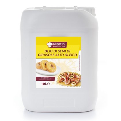 Garrafão plástico branco de 10L de óleo de girassol alto oleico Martini Food Service, com rótulo de donuts e marisco