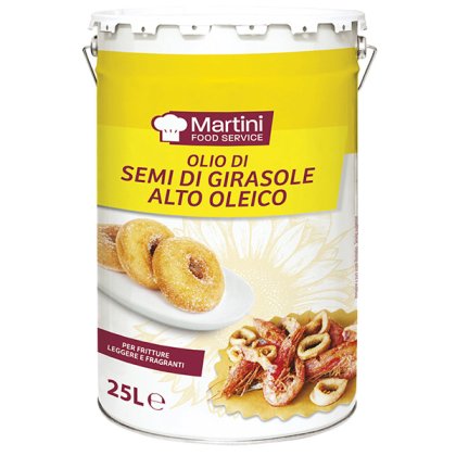 Lata metálica de 25L de óleo de girassol alto oleico Martini Food Service, indicado para fritura, com donuts e marisc...