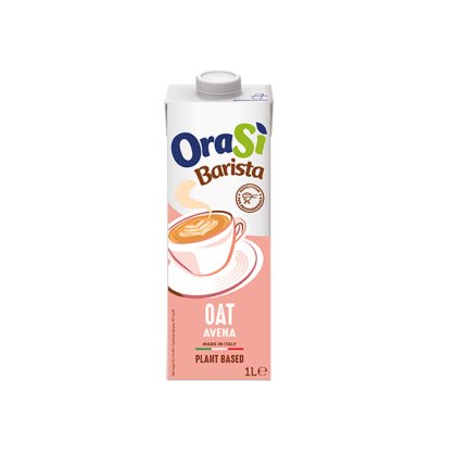 Embalagem de 1 litro de leite de aveia OraSì Barista, vegetal, fabricado em Itália, com chávena de café ilustrada em ...