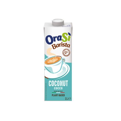 Embalagem de 1 litro da bebida vegetal OraSì Barista Coconut, cor verde-azulada com ilustração de uma chávena de latt...