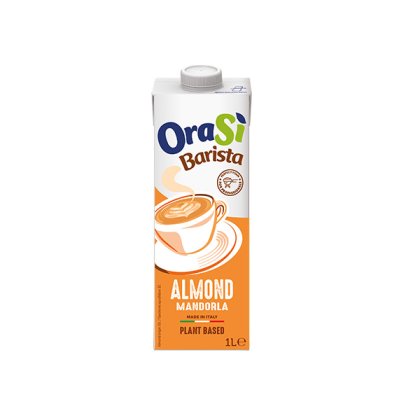 Leite vegetal OraSì Barista Almond em pacote de 1L, embalagem laranja com chávena de latte, fabricado em Itália