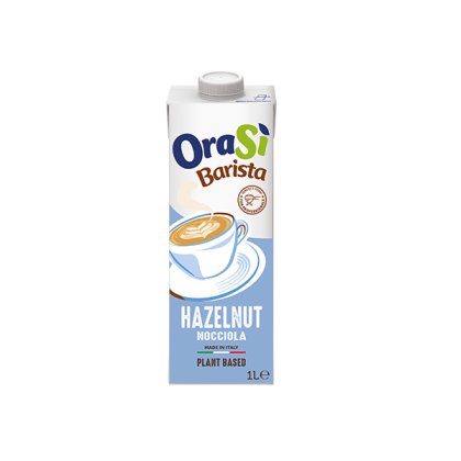 Embalagem de 1 litro da bebida vegetal OraSì Barista Avelã, rótulo azul claro e ilustração de cappuccino.