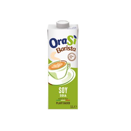 Embalagem de 1 litro da bebida vegetal de soja OraSì Barista, rótulo verde com chávena de café, feita em Itália.