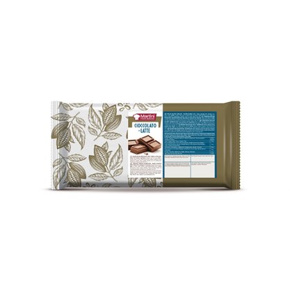 Embalagem de tablete de chocolate de leite Martini Food Service com ilustrações de cacau e rótulo nutricional