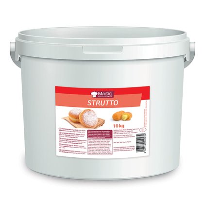 Balde branco de 10kg de banha para pastelaria Martini Strutto, rótulo vermelho com donuts e pastéis com açúcar em pó.