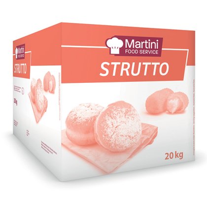Caixa de 20kg de Strutto (banha) Martini Food Service com pastelaria polvilhada sobre uma tábua