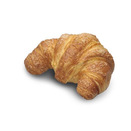 Croissant dourado de crosta estaladiça e açucarada, em forma de meia-lua, fundo branco