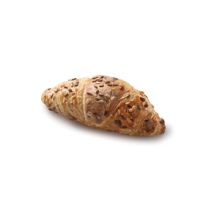 Croissant dourado cozido, coberto com mistura de sementes, sobre fundo branco