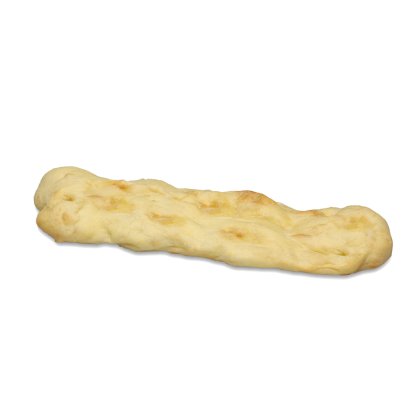 Baguete longa e macia com côdea dourada clara, colocada na diagonal sobre fundo branco.