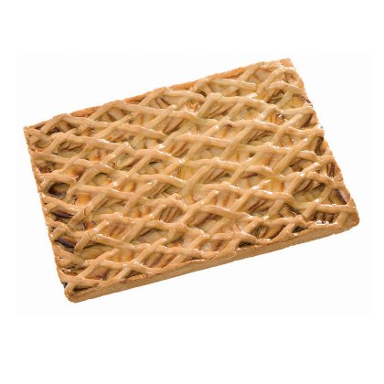 Tarte retangular com massa entrançada dourada e recheio de fruta visível, fundo branco.