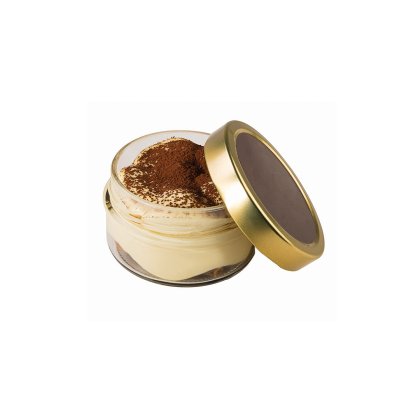 Frasco de vidro aberto com tiramisu polvilhado com cacau em pó, tampa dourada encostada ao lado, fundo branco.