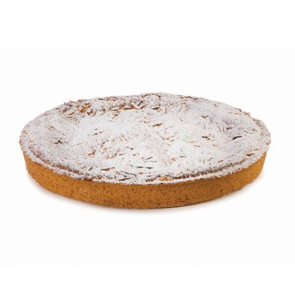 Tarte redonda com massa dourada, coberta com amêndoas laminadas e polvilhada com açúcar em pó, fundo branco