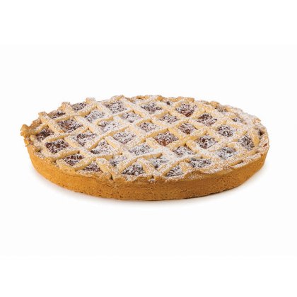 Tarte redonda de compota com massa dourada em grelha polvilhada com açúcar em pó, revelando o recheio de fruta.