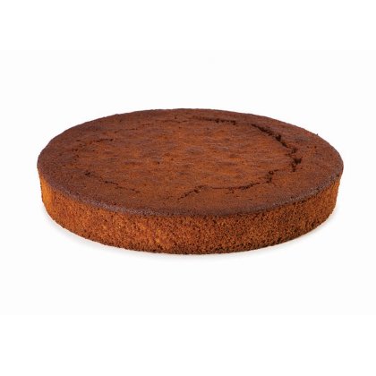 Pão de ló redondo castanho-escuro sem cobertura, topo rachado, fundo branco