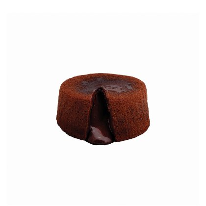 Bolinho redondo de chocolate com centro derretido, topo aberto a libertar recheio quente, fundo branco.