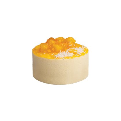 Bolo de mousse de manga redondo com cobertura brilhante de fruta laranja e coco em flocos sobre base cremosa lisa.