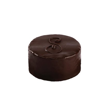 Bolo de chocolate redondo com ganache escura brilhante e letra cursiva decorativa por cima, fundo branco
