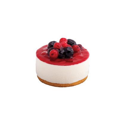 Mini cheesecake com base de pão de ló, creme branco, cobertura de frutos vermelhos, decorado com mirtilos e outros fr...