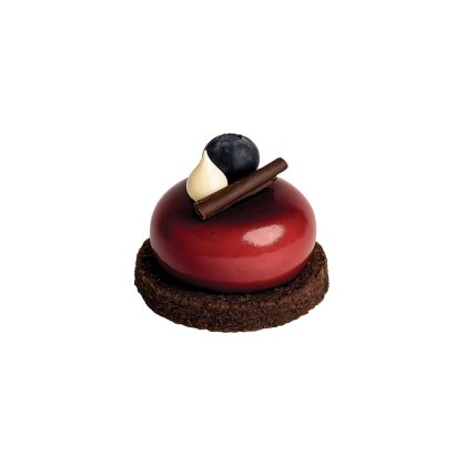 Sobremesa de mousse vermelha brilhante sobre base de crumble de chocolate, com mirtilo, espiral de chocolate branco e...