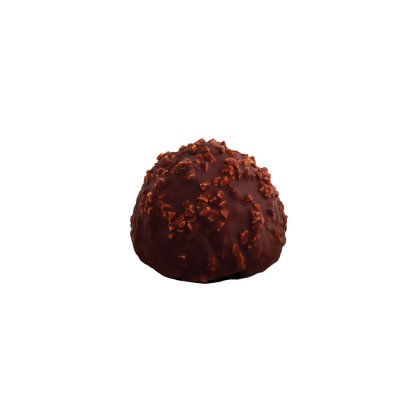 Trufa redonda de chocolate negro coberta com nibs de cacau estaladiços, fundo branco.