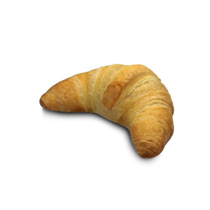 Croissant dourado e estaladiço com forma curva em meia-lua, sobre fundo branco.