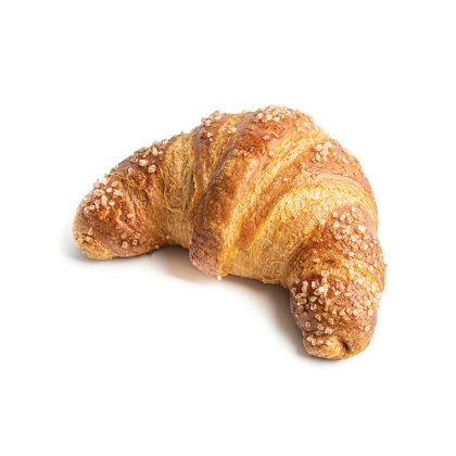 Croissant dourado, de forma curva e textura estaladiça, coberto com cristais de açúcar grosso, em fundo branco.