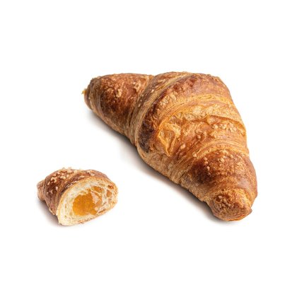 Croissant dourado com um pedaço mais pequeno cortado, revelando recheio de alperce, em fundo branco.