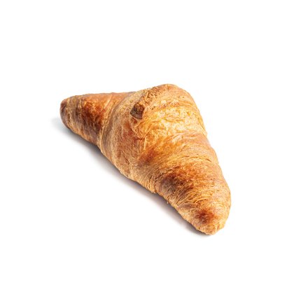 Croissant dourado e estaladiço com textura folhada em camadas, sobre fundo branco.