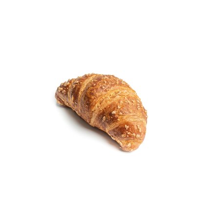 Croissant dourado curvo com cobertura de açúcar grosso, sobre fundo branco.
