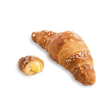Croissant dourado polvilhado com granulado branco, com um pedaço menor cortado revelando recheio cremoso amarelo.